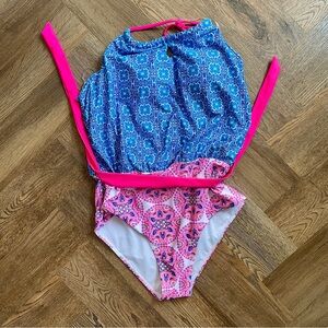 Nicole Miller One Piece Halter Swimsuit Blue Pink Mandala Swimsuit Women's XL